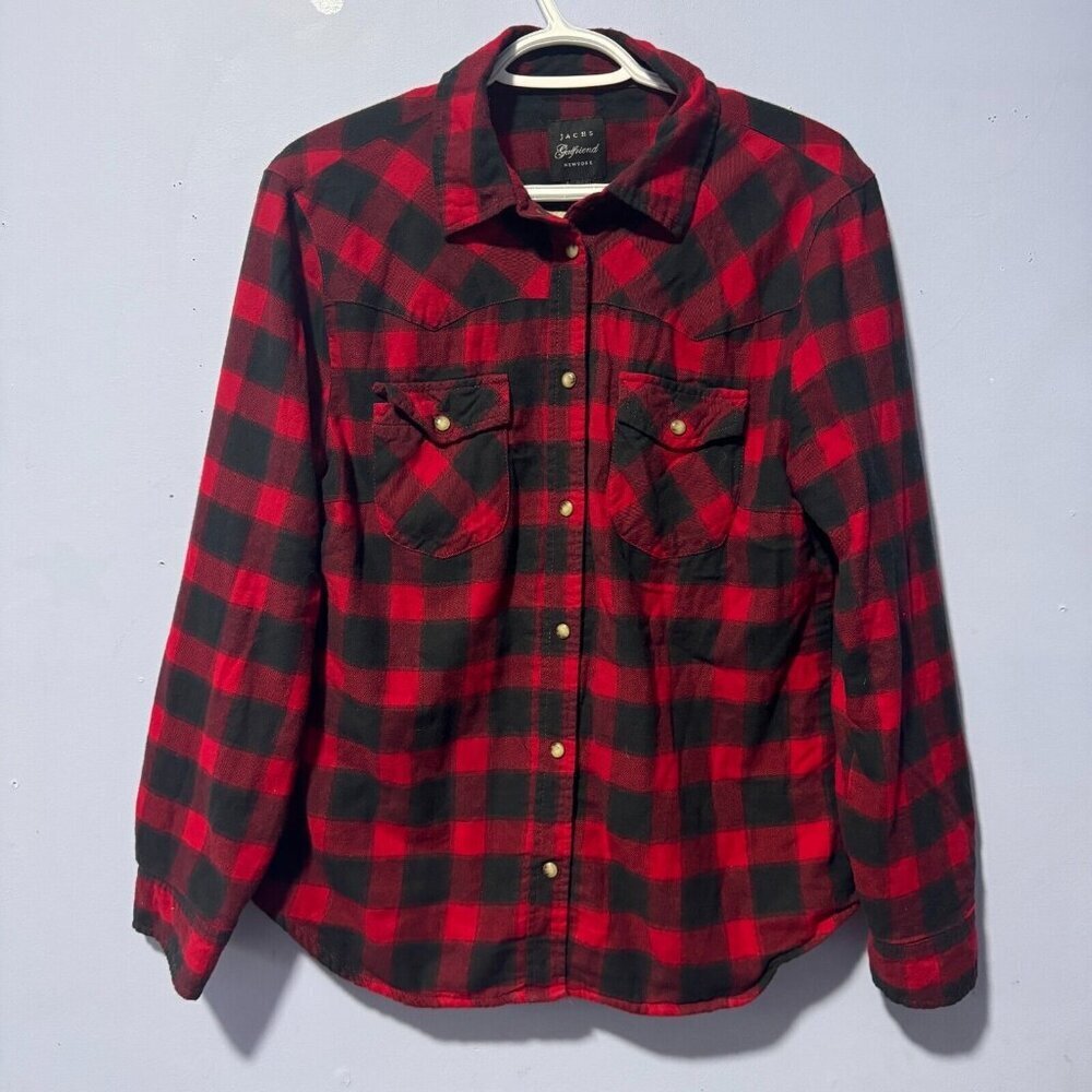 Jach's girlfriend NY red black plaid pearl‎ snap lined sweater jacket medium